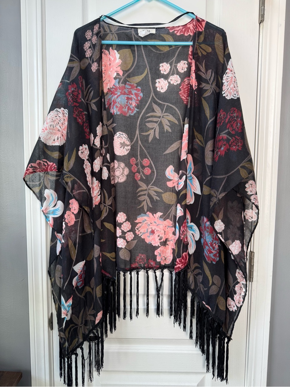 Mudd Black Floral Fringe Kimono Wrap